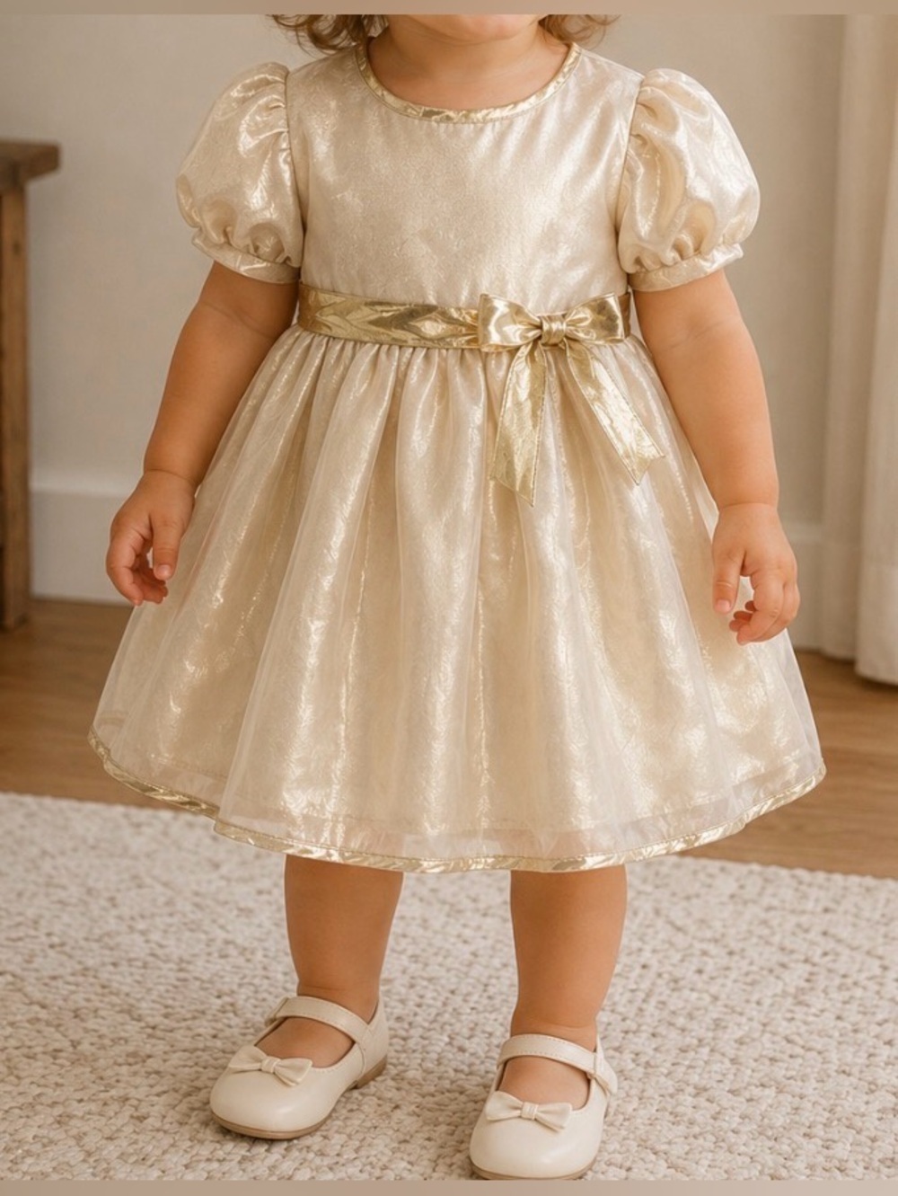 Vintage Dress Baby Toddler Girl Party Gold Puff Sleeve Fancy Formal Holiday